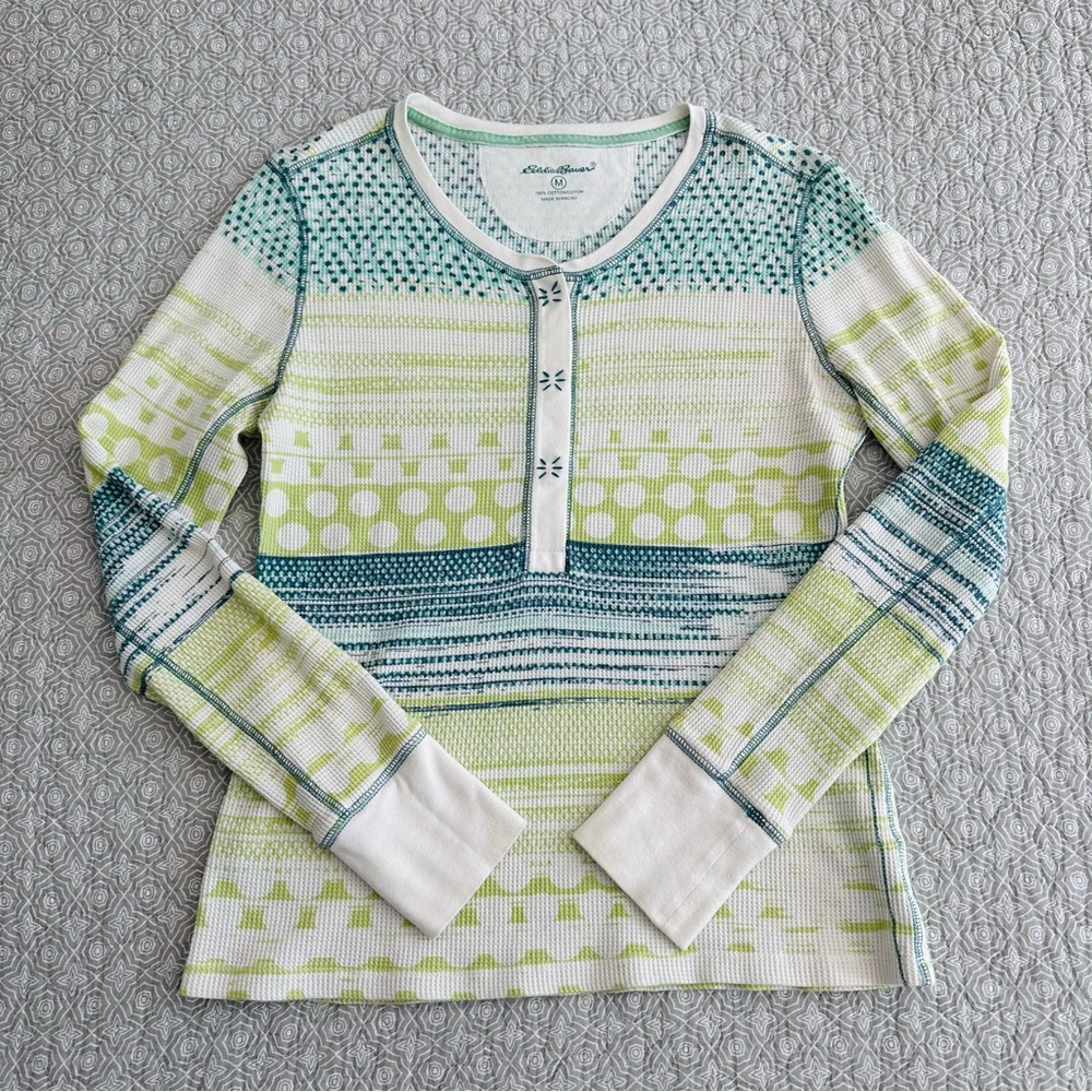Eddie Bauer Waffle Knit Printed Henley Thermal Long Sleeve Shirt Women Size M